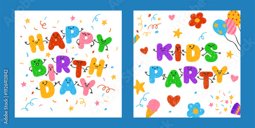 Happy Birthday and Kids party greeting card designs vector set, typographic lettering with doodle faces crayon sketch