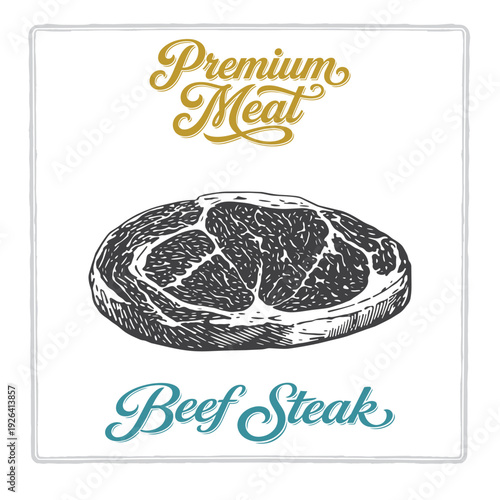 Beef steak illustration with premium meat lettering in vintage engraving style. Hand drawn classic beef cut design for butcher shops, steakhouse menus, labels and food packaging. Part of set.