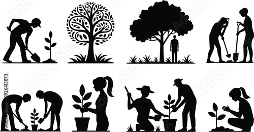 Gardening and tree planting silhouettes, people nurturing plants and protecting environment in sustainable eco friendly lifestyle concept