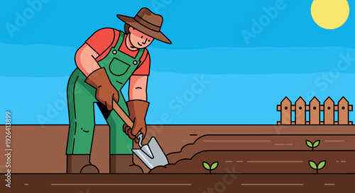 Farmer Planting Seeds in Garden Soil.
