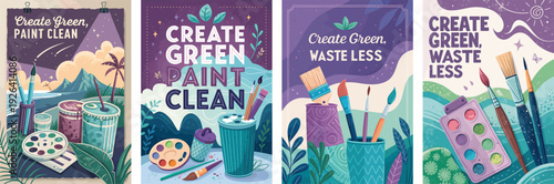 Colorful eco-friendly art promotional posters featuring painting tools and nature.