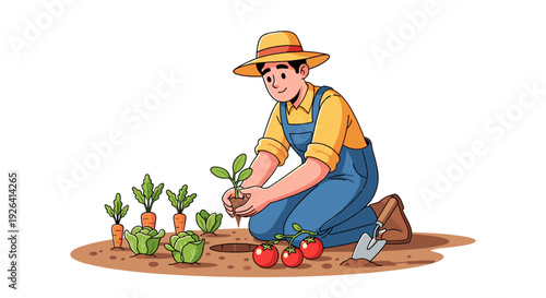 Farmer Planting Vegetable Seedlings in Soil.