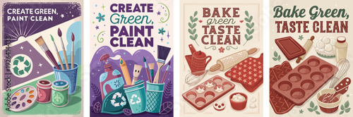 Colorful eco-friendly art and baking illustrations promoting sustainability.