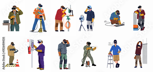 Industrial workers using VR headsets for welding and machinery operation training, depicting virtual reality applications in skill development for the modern workforce.