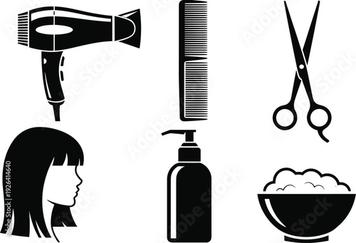 Hair salon tools silhouette set, hairdryer comb scissors and cosmetic bottle icons for beauty and barber design