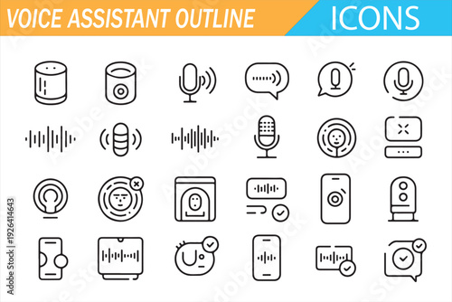 Voice Assistant Outline Icons Set with Microphone Soundwave Smart Speaker and Speech Recognition Symbols Vector Line Collection for Audio Technology Apps and Digital Communication