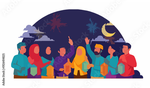 Eid Takbiran Celebration with Friends Holding Lanterns Vector Illustration for Greeting Cards