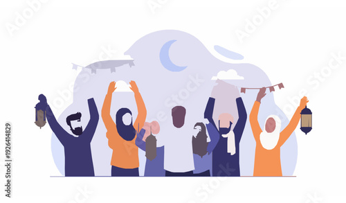 Takbiran Night Celebration with Friends Joyful Eid Vector Illustration on White Background