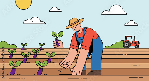 Farmer Tending to Young Eggplant Seedlings.