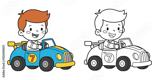 Cute little boy driving a blue toy race car. Vector cartoon illustration with black and white line art outline version for kids coloring book page.