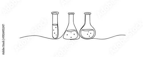 Hand drawn continuous line illustration of laboratory test tubes for science. Single line artwork representing chemistry research, scientific experiments, education, and laboratory study.