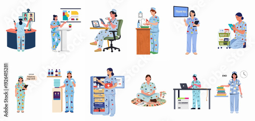 A collection of cartoon nurses performing various daily tasks, including telemedicine, presentations, self-care, and medical duties, highlighting their diverse roles in healthcare.