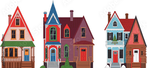 Set of three colorful Victorian storybook house illustrations with detailed architecture and whimsical designs isolated on a clean white background