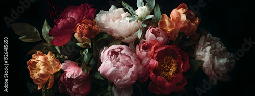 A stunning artistic arrangement of vibrant peonies and delicate flowers captured in a dramatic low-key lighting style