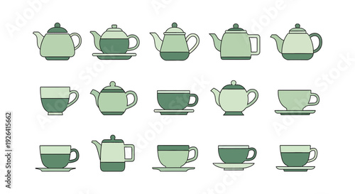Green Teapot and Cup Icon Set, Flat Vector Illustration of Tea and Coffee Service Elements on white Background