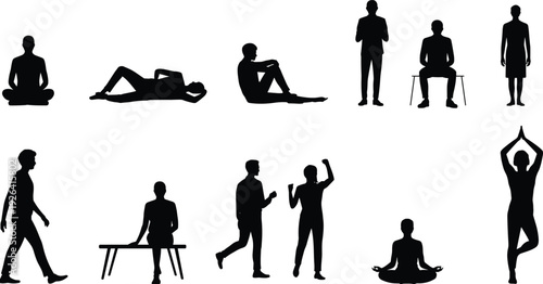 Human silhouette collection in various poses, sitting standing walking yoga and casual activities isolated illustration set