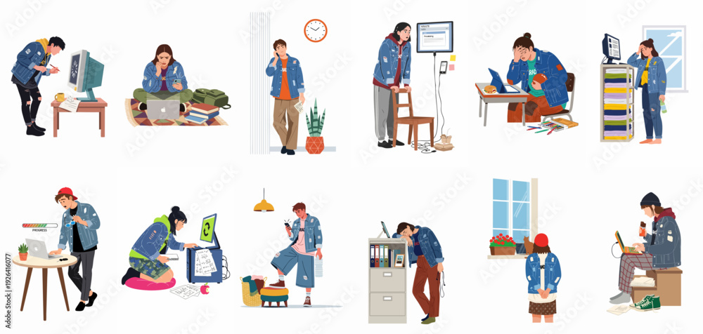 Fototapeta premium Illustrations of stressed young adults battling work and study burnout, dealing with technology challenges, tight deadlines, and overwhelming tasks.