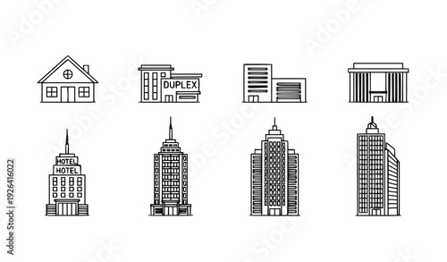 A clean grid collection of black and white building icons displayed on a solid white background. Includes small suburban houses, townhomes, apartment blocks, office towers, and modern skyscrapers. Sim