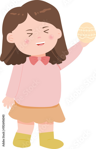 Happy Girl Holding Easter Egg, Cute Child Easter Celebration PNG Illustration