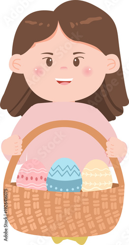 Girl Holding Easter Basket with Colorful Eggs, Smiling Child Easter PNG Clipart