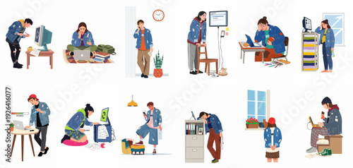 Illustrations of stressed young adults battling work and study burnout, dealing with technology challenges, tight deadlines, and overwhelming tasks.