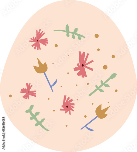 Easter Egg with Green Leaves and Pink Flowers, Hand Drawn Floral Botanical Easter PNG Clipart