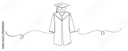 One line drawing of graduation gown with mortarboard symbolizing academic achievement and success .continuous line representing education, graduation ceremony, knowledge.