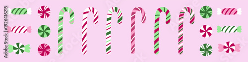 Christmas striped Candy canes and sweets. Festive pink, green and white stripes. Christmas candy canes vector elements for greeting cards, decor and banners design