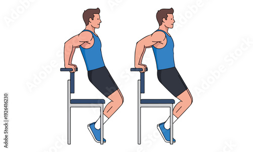Man Performing Tricep Dips with Chair, Home Workout Illustration