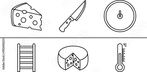Cheese Production and Kitchen Tool Icon Set Featuring Swiss Cheese Wedges Sharp Chef Knife Round Cheese Wheel Ladder and Temperature Thermometer