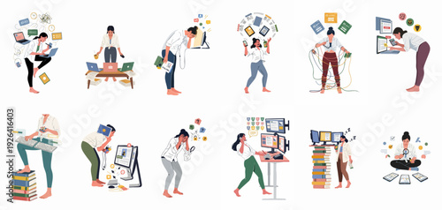 Overwhelmed Women Navigating Digital Work Stress: Concepts of Burnout, Multitasking, and Productivity Challenges in the Modern Office.