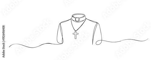 One line drawing priest outfit with clerical collar and cross, symbolizing religious clothing and faith identity.continuous line Christianity, worship, spirituality, ministry, and sacred tradition.