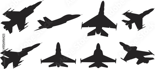 Military fighter jet silhouettes collection, modern combat aircraft flying in different angles isolated for aviation design