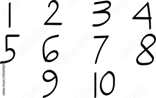 Handwritten numbers 1 to 10 on white background