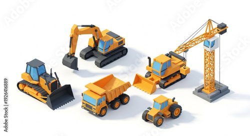 Toy Construction Vehicles on White Background.