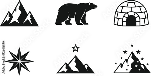 Arctic Adventure and Winter Nature Icon Set Featuring Polar Bear, Snow Igloo, Mountain Peaks with Stars, Compass Star, and Ice Berg
