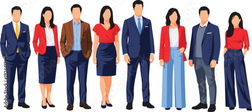 Diverse corporate business attire for men and women, colorful flat vector fashion illustration, suits blazers skirts trousers professional lineup