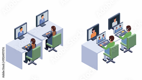 Isometric illustration depicting a virtual meeting or online classroom setup