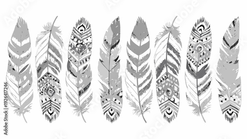 A collection of monochrome feathers with decorative tribal patterns