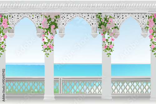 Ornate white arches adorned with pink flowers overlook a serene seascape