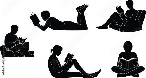 People reading book silhouettes set, black human figures isolated on white background education and literature vector illustration