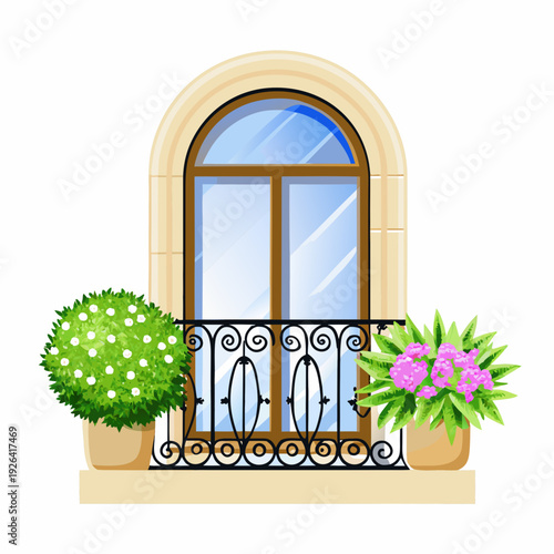 An arched window with floral arrangements and decorative ironwork