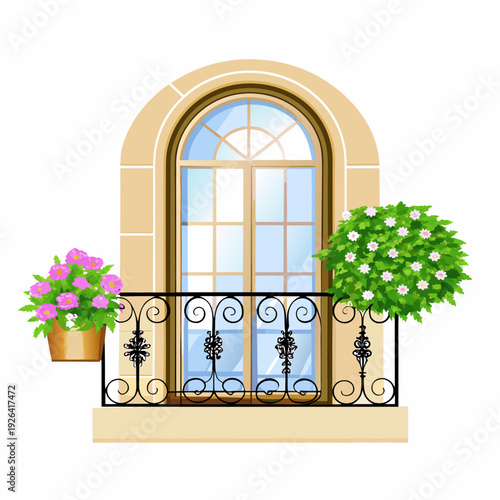 An arched window with a balcony flowers and decorative ironwork