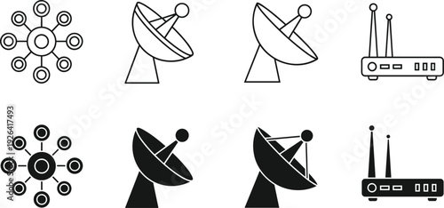 Telecommunication and Network Icon Set Including Satellite Dish, Wireless Router, Global Connection Hub, Signal Receiver, Data Transmission, and Internet Connectivity Symbols