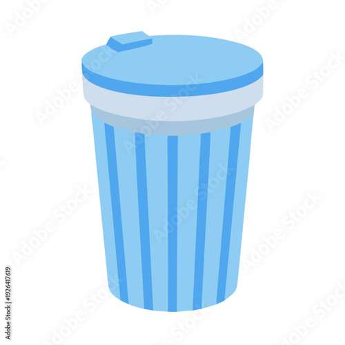 An isolated blue trash bin container with a plastic lid for recycling waste and rubbish, depicted as a clean empty object icon on a white background