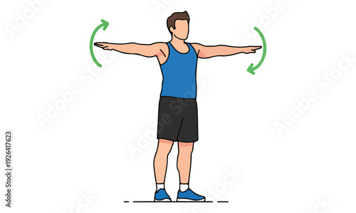 Man doing arm circles exercise, shoulder rotation warm-up