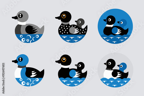Stylized illustrations of ducks in varying shades of blue and gray