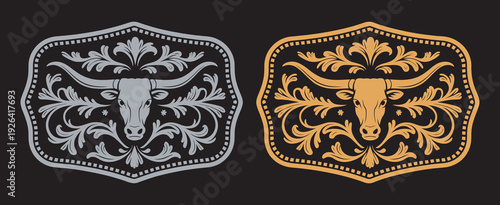 Longhorn Bull Label Belt Buckle Wild West Cowboy Style Tag Design, Western Rodeo Emblem, Gold Silver Stylized Silhouette Vector Art