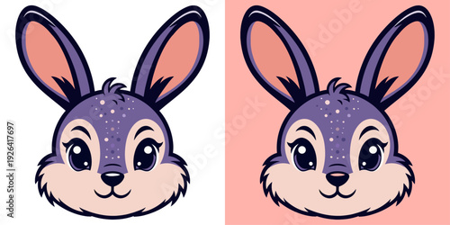 Cute cartoon rabbit head with purple fur and long ears