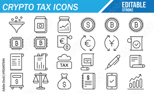 Calculate and Report Crypto Taxes with this Editable Line Icon Set
